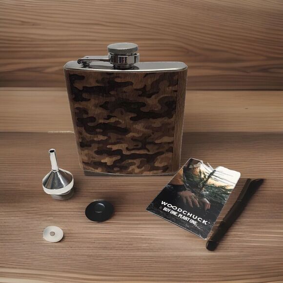Woodchuck USA 6oz Flask Camo flask. Real Wood Covered Stainless Steel - Picture 1 of 8